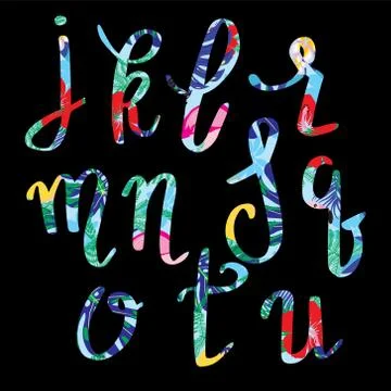 Hand drawn Tropical summer pattern ornamental letters set on black background Stock Illustration