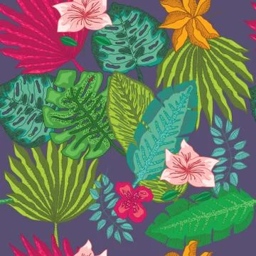 Hand drawn tropical vector pattern with exotic palm leaves, hibiscus flowers Stock Illustration