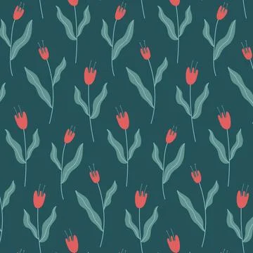 Hand drawn tulips seamless pattern. Cute flowers repeat on green background.. Stock Illustration