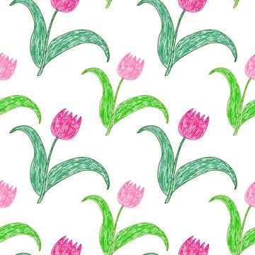 Hand-Drawn Tulips Seamless Pattern Stock Illustration