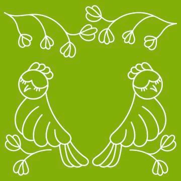 Hand drawn two birds, line art, graphics. Vector illustration on green backgr Stock Illustration