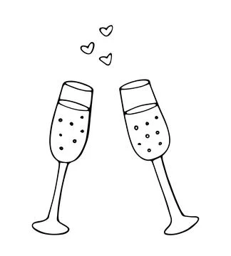 Hand drawn two champagne glasses clinking with small hearts romantic doodle.. Stock Illustration
