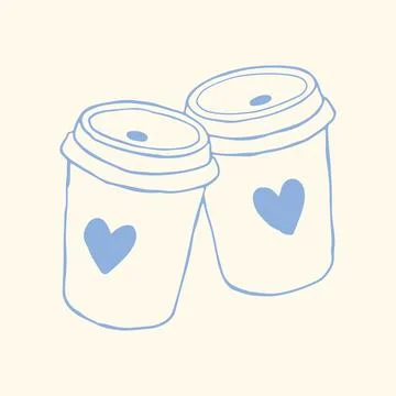 Hand drawn two coffee cups with heart symbols in minimalist blue line style Stock Illustration