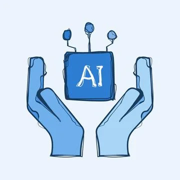 Hand Drawn Two Hands Holding AI Chip Blue Sketch Vector Icon Human Centered.. 스톡 일러스트