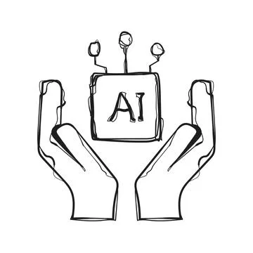 Hand Drawn Two Hands Holding AI Chip Blue Sketch Vector Icon Human Centered.. 库存插图