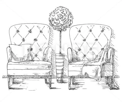 Hand drawn two large soft armchairs. Plant in a tall pot. Stock Illustration