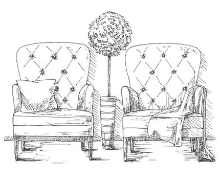 Hand drawn two large soft armchairs. Plant in a tall pot. Stock Illustration
