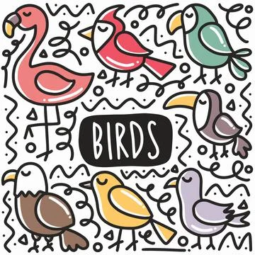 Hand drawn type of bird doodle set Stock Illustration