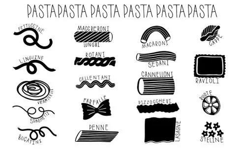 Hand drawn type pasta set. Different Variation macaroni doodle hand drawn col Stock Illustration
