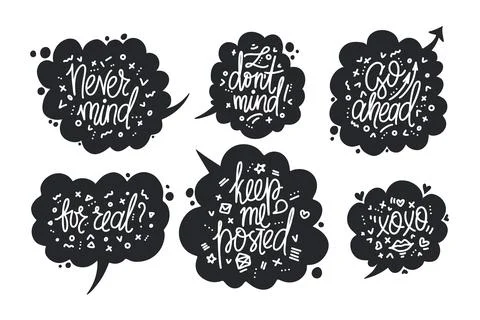Hand drawn typography poster set. Never mind, xoxo, I dont mind, keep me post Stock Illustration
