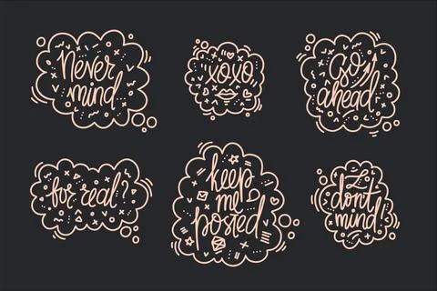 Hand drawn typography poster set. Never mind, xoxo, I dont mind, keep me post Stock Illustration