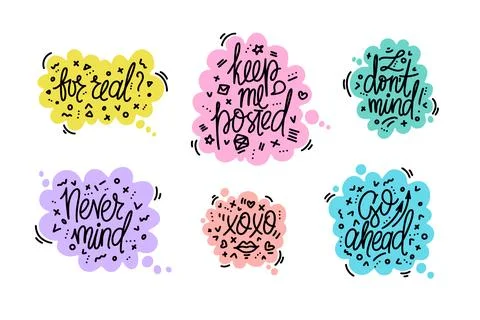 Hand drawn typography poster set. Never mind, xoxo, I dont mind, keep me po.. Stock Illustration
