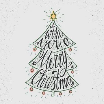 Hand drawn typography poster. Typographic poster  with Christmas tree. Stock Illustration