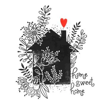 Hand drawn typography poster. Vector illustration with black house silhouette Stock Illustration