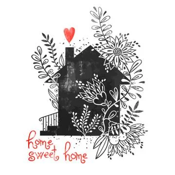 Hand drawn typography poster. Vector illustration with black house silhouette Stock Illustration