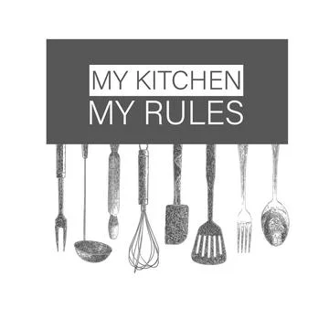 Hand drawn typography poster.My kitchen, my rules. Stock Illustration