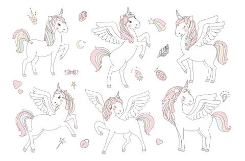 Hand drawn unicorn face set. Quotes for baby clothes. One of a kind. Born to be Stock Illustration