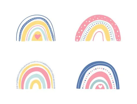 Hand drawn unique rainbow set. Cute kids nursery collection in pastel colors. Illustrazione stock