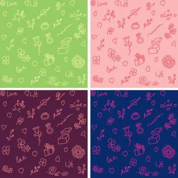 Hand drawn valentine seamless patterns set Stock Illustration