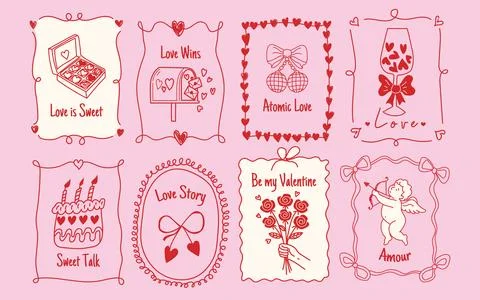 Hand Drawn Valentine's Day Concept Poster and Card Set. Romantic Celebratio.. Stock Illustration