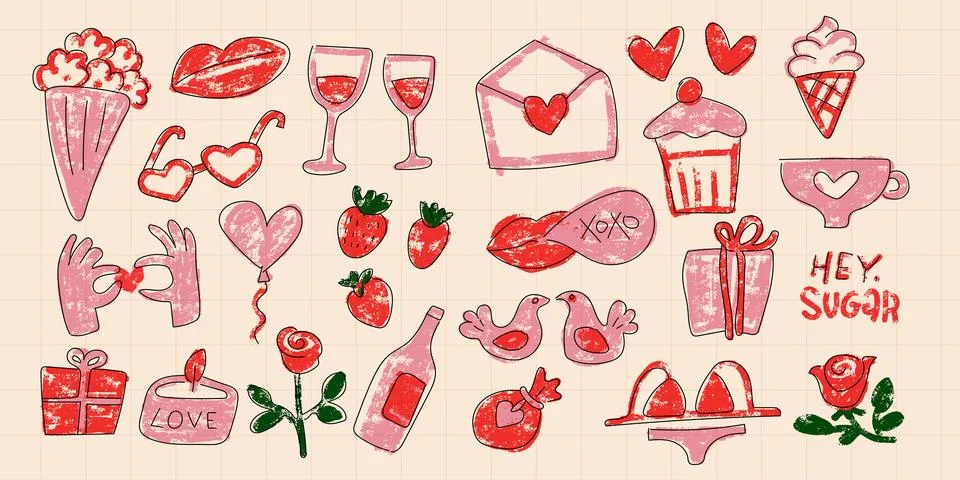 Hand drawn valentines day elements in rough crayon drawing style. Cute red and Illustrazione stock