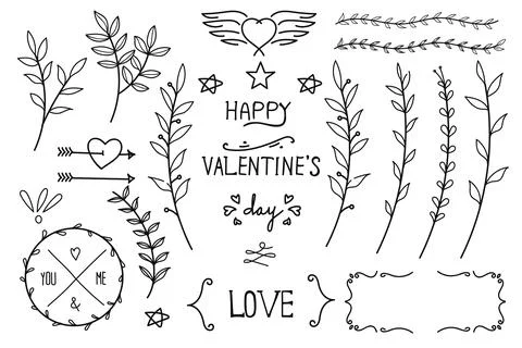 Hand-Drawn Valentines Day Elements Collection with Love Lettering and Decor.. Stock Illustration