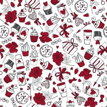 Hand drawn Valentine's Day vector seamless pattern. Stock Illustration