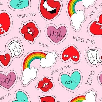Hand drawn valentines patch icons seamless pattern Stockillustratie