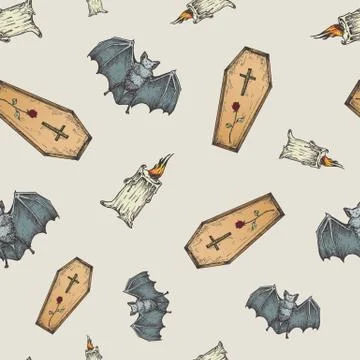 Hand Drawn Vampire Bat, Coffin and Candle Vector Seamless Background Pattern Illustrazione stock
