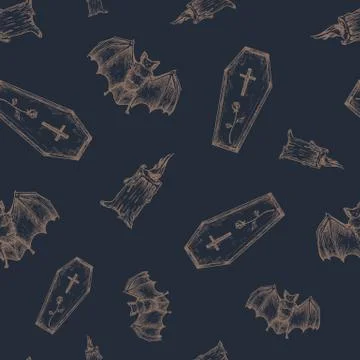 Hand Drawn Vampire Bat, Coffin and Candle Vector Seamless Background Pattern Stock Illustration