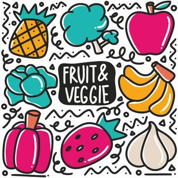 Hand drawn variation fruit and vegetable doodle set Stock Illustration