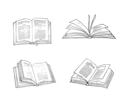Hand-drawn various book illustration set. Opened Books set. A collection of.. Stock Illustration