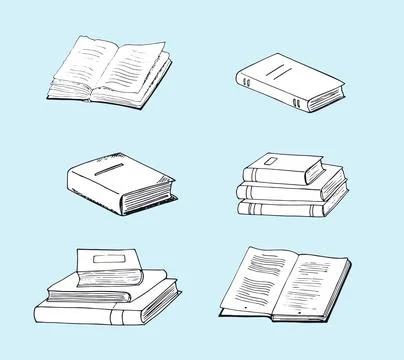 Hand-drawn Various books opened vintage book, and pile of books. Books vect.. Stock Illustration
