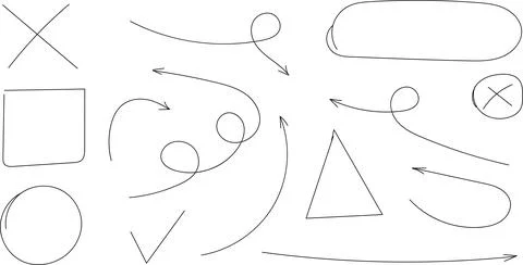 Hand drawn various chalked arrows, oval, circle, cross, check marks doodle Stockillustratie