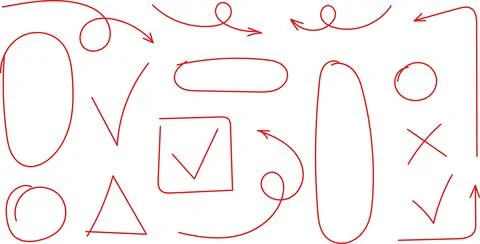 Hand drawn various chalked arrows, oval, circle, cross, check marks doodle Stock Illustration