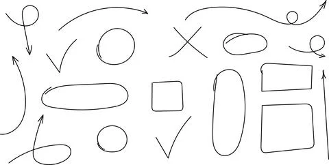 Hand drawn various chalked arrows, oval, circle, cross, check marks doodle Stock Illustration
