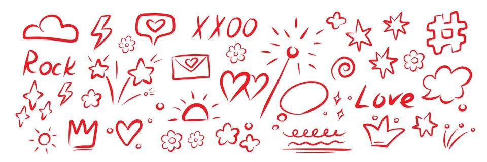 Hand drawn various elements. Charcoal or pencil drawn rough red elements. Stock Illustration