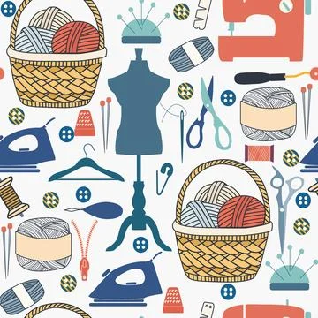 Hand drawn Various sewing tools seamless pattern. Illustrazione stock