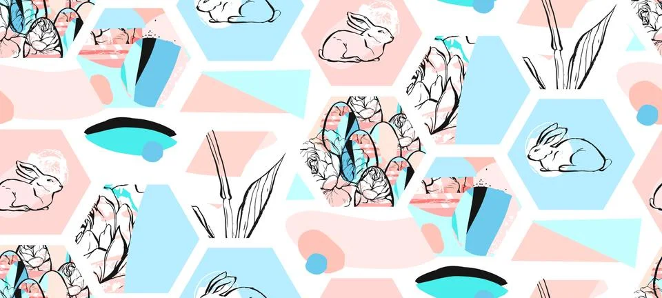 Hand drawn vector abstract artistic textured hexagon shapes Easter collage Illustrazione stock