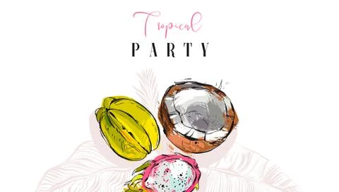 Hand drawn vector abstract artistic tropic party invitation header with exotic Stock Illustration
