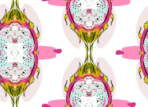 Hand drawn vector abstract artistic seamless pattern with tropical dragon fruit Stock Illustration