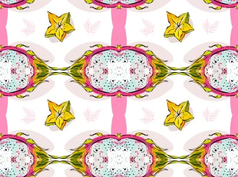 Hand drawn vector abstract artistic seamless pattern with tropical dragon fruit Stock Illustration