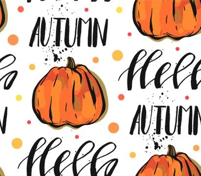 Hand drawn vector abstract autumn seamless pattern with pumpkin and handwritten Stock Illustration