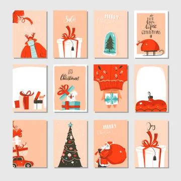 Hand drawn vector abstract big Merry Christmas time and New Year cartoon cards Stock Illustration
