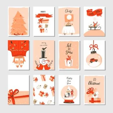 Hand drawn vector abstract big Merry Christmas time and New Year cartoon cards Stock Illustration