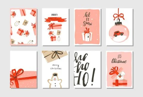 Hand drawn vector abstract big Merry Christmas time and New Year cartoon cards Stock Illustration