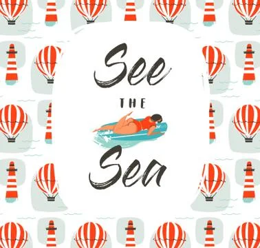 Hand drawn vector abstract cartoon summer time fun illustration with swimming Stock Illustration