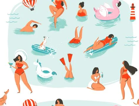 Hand drawn vector abstract cartoon summer time fun swimming people group Stockillustratie