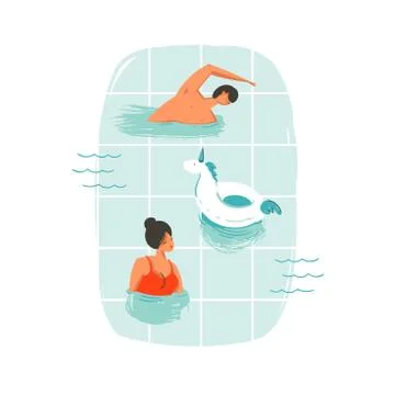 Hand drawn vector abstract cartoon summer time fun swimming people couple イラスト素材