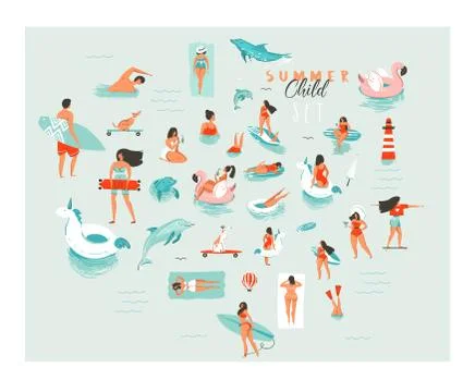 Hand drawn vector abstract cartoon summer time fun big swimming people group Stock Illustration